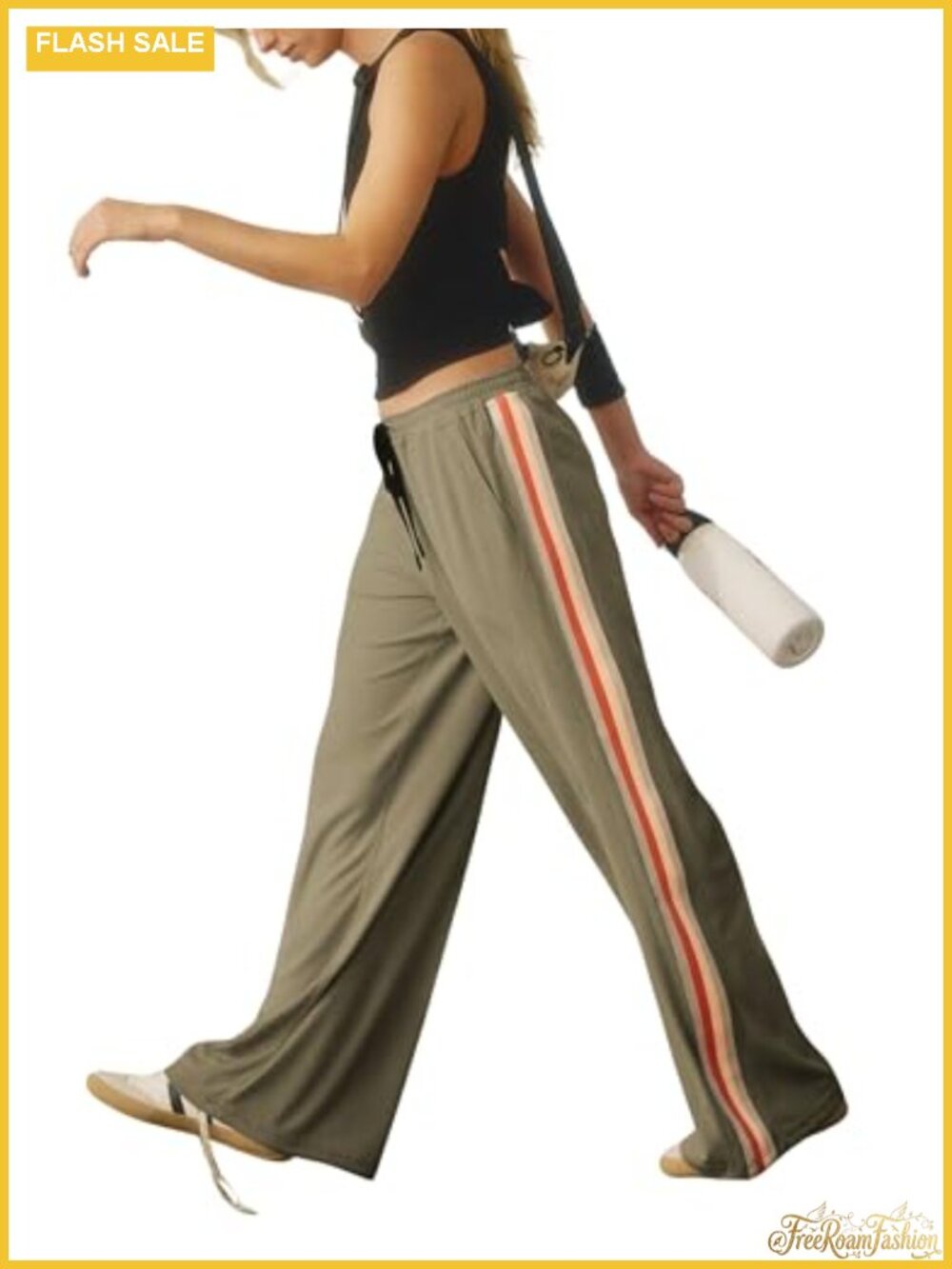 Wide Leg Low Rise Palazzo Pants Drawstring Side Stripes Pockets